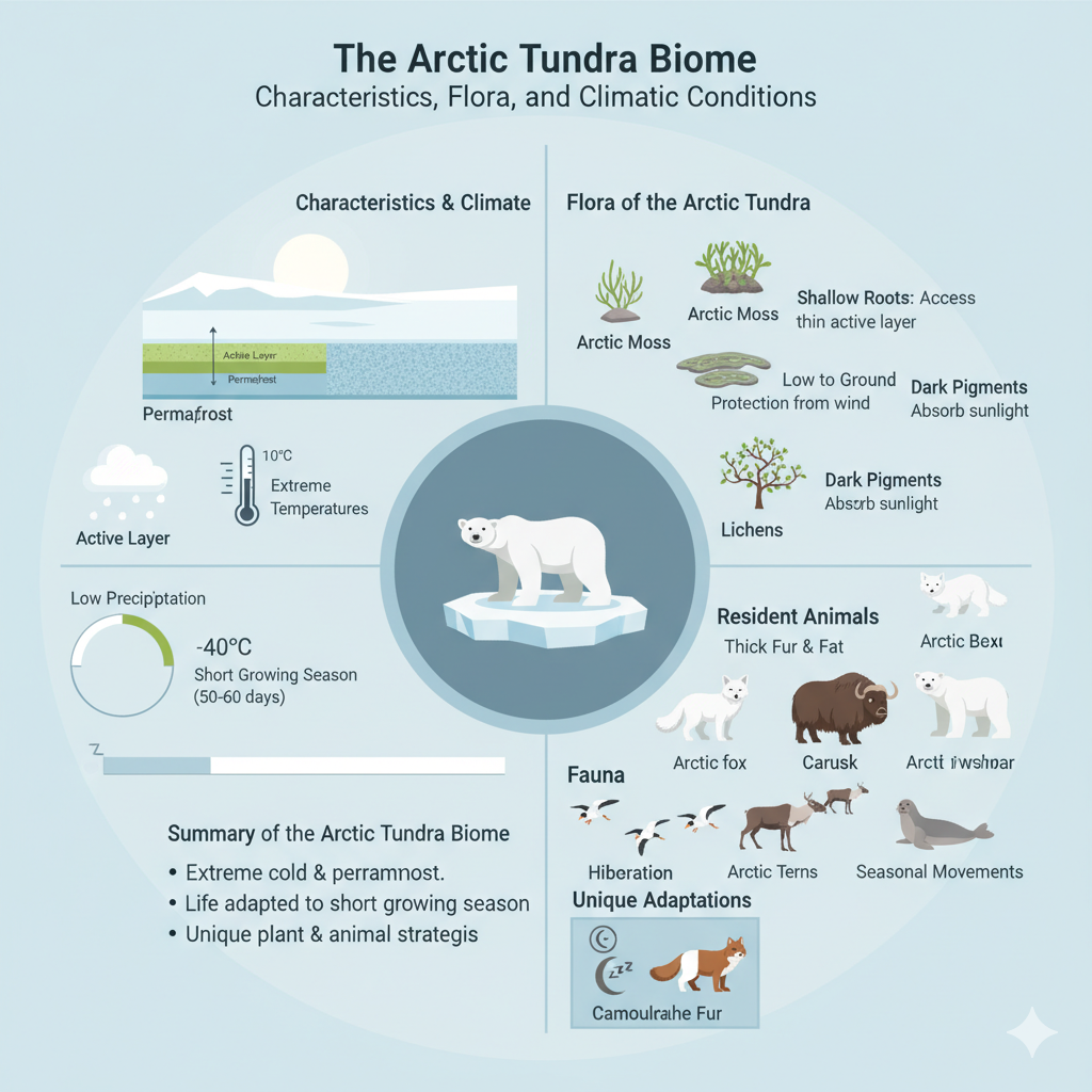 Arctic Tundra Biome showing permafrost, limited vegetation, and extreme cold climate conditions