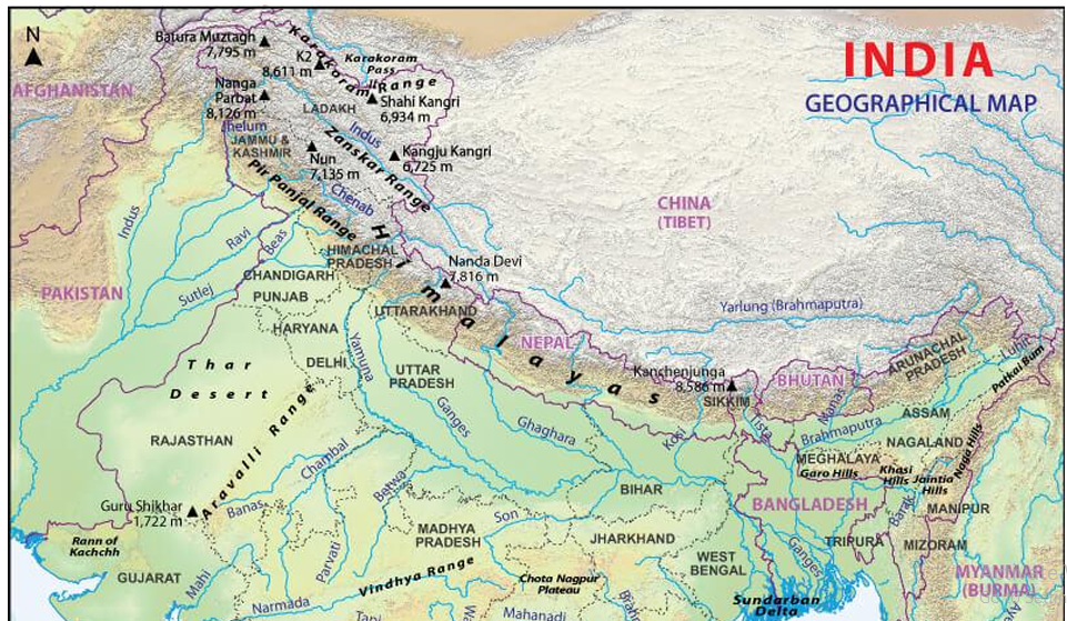 Geographical Features Map of India