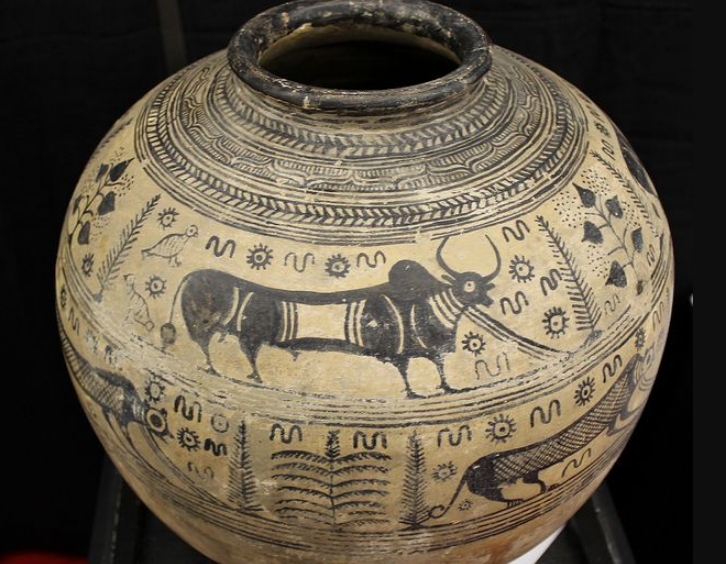 Advanced wheel-turned ceramic pottery with black designs on red surfaces from the Indus Valley