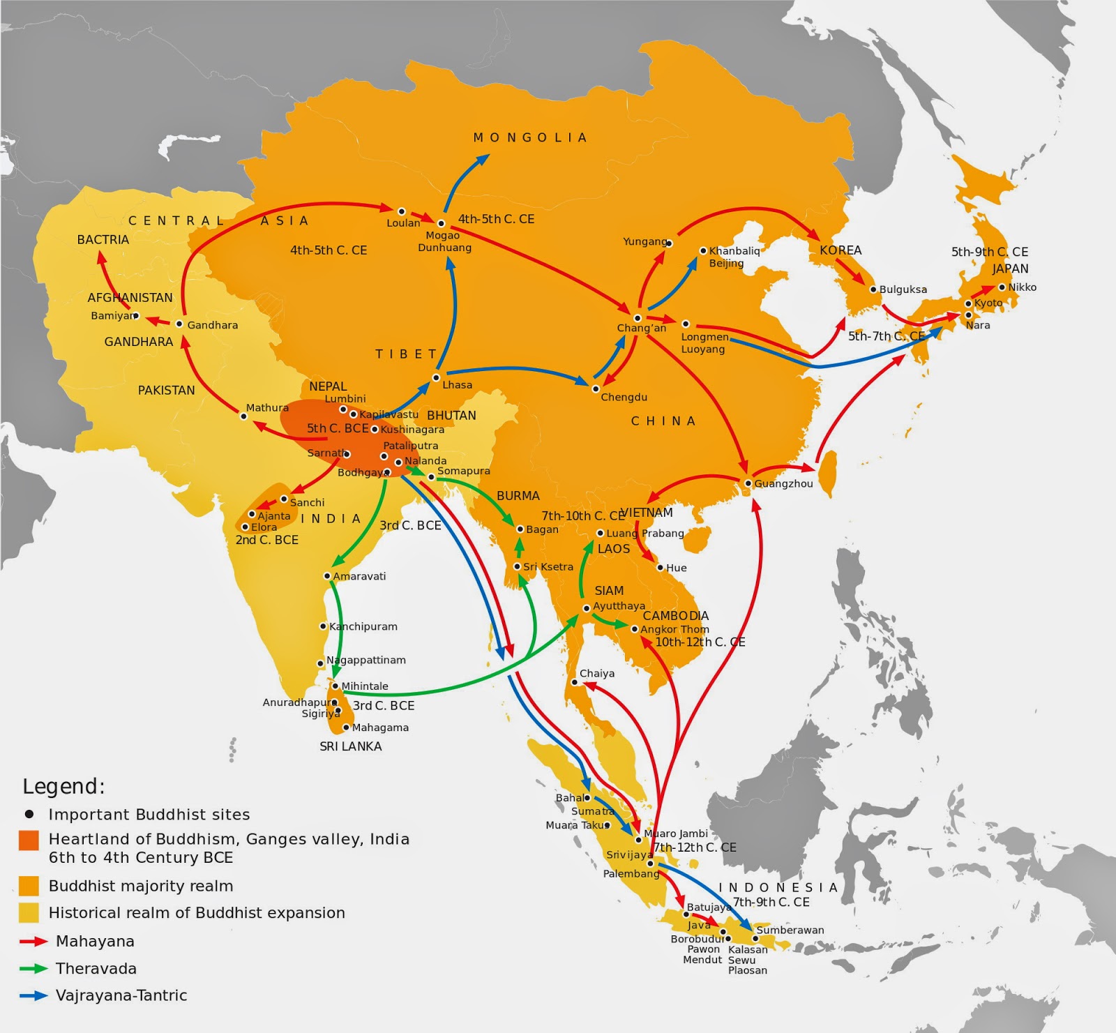 Historical map illustrating the global expansion of Buddhism along trade routes