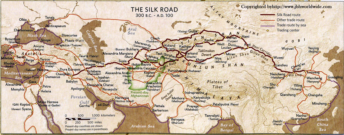 Map of ancient chinese silk route highlighting overland and maritime trade paths
