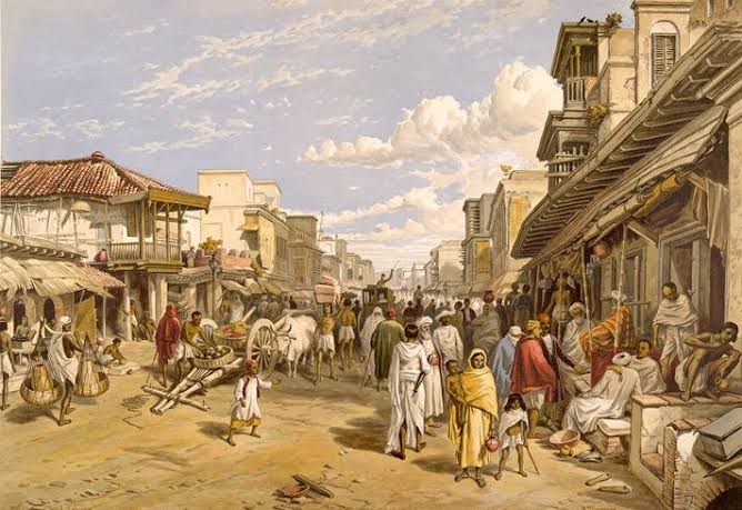 Illustration of markets in ancient India showcasing commerce