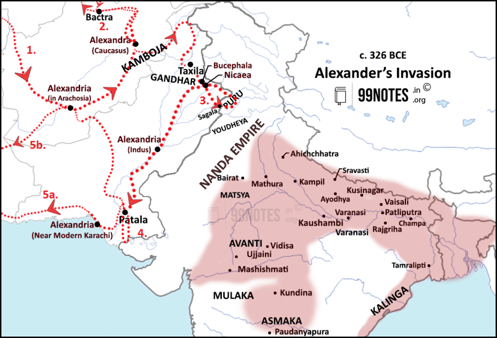 Map displaying the geographical reach of Iranian and Macedonian incursions in ancient north-west India