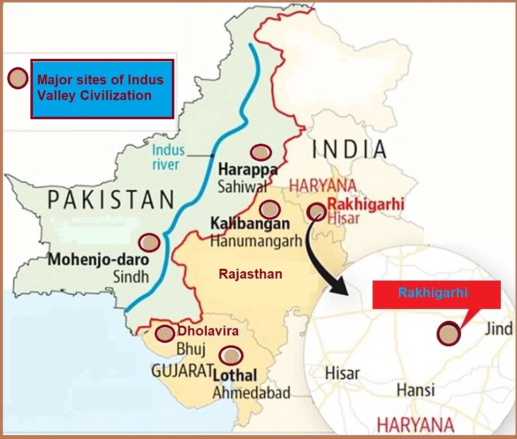 Map detailing the primary urban centers and excavated historic cities belonging to the Harappan civilization