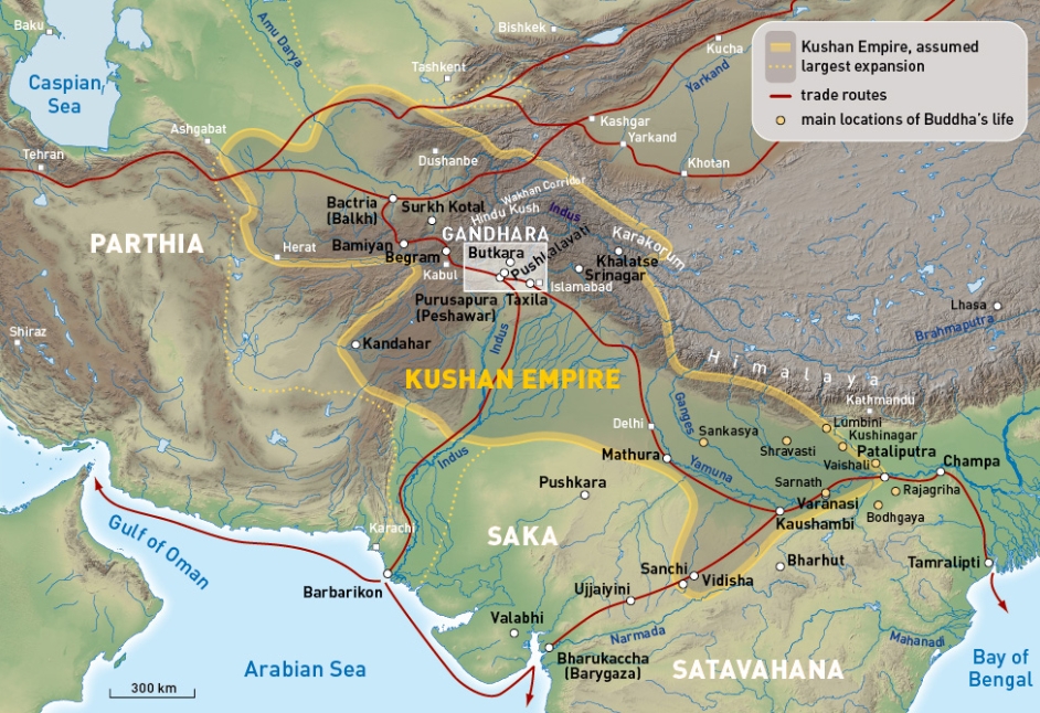 Map showing the geopolitical expansion of the Kushana empire across Central Asia and India