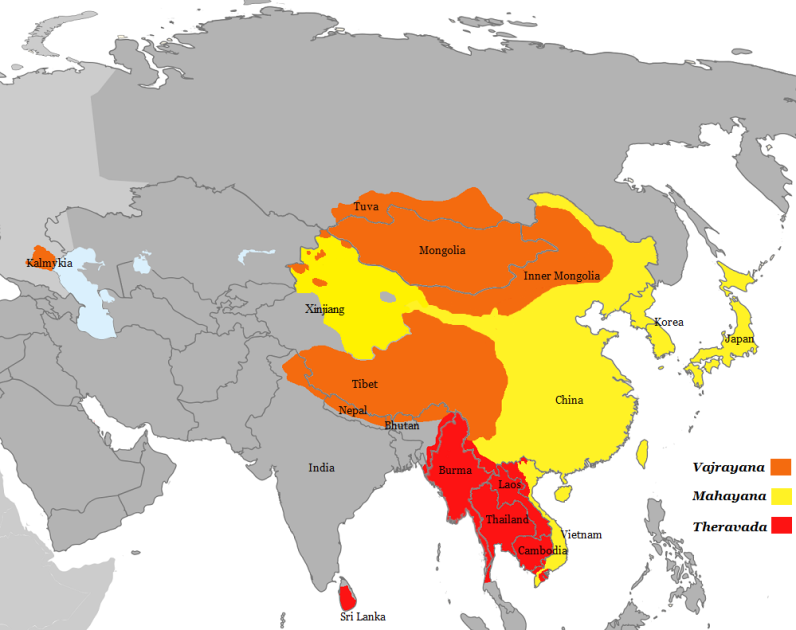 World map representing the geographical distribution of the major divisions of Buddhism