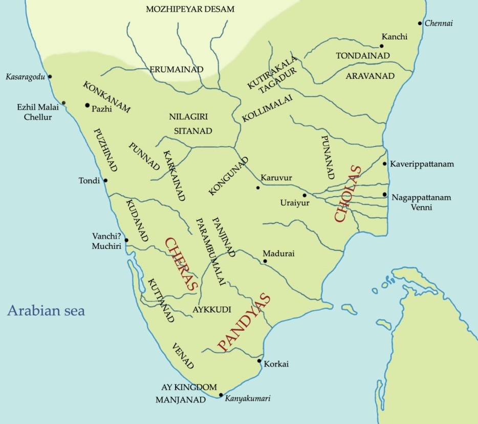 Map showing territories of Cheras, Cholas, and Pandyas during the Sangam Era