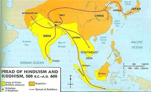 Map depicting spread of Hinduism and Buddhism across Asian territories