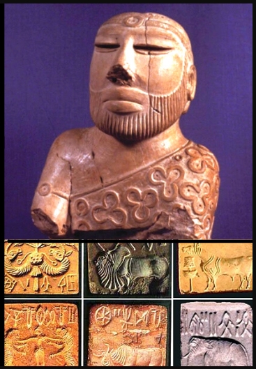 Stone sculpture of the Priest King alongside ancient Harappan seals containing pictorial signs