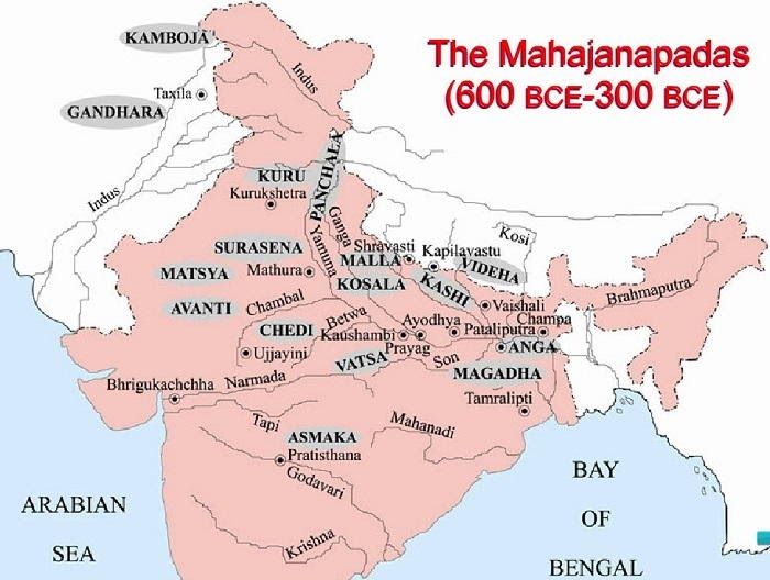 Map illustrating the location of the 16 Mahajanapadas in ancient India
