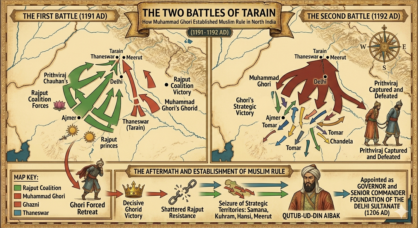 Detailed geographical military campaign map tracking the strategic routes and battlefield positions during the First and Second Battles of Tarain between Muhammad Ghori and Prithviraj Chauhan