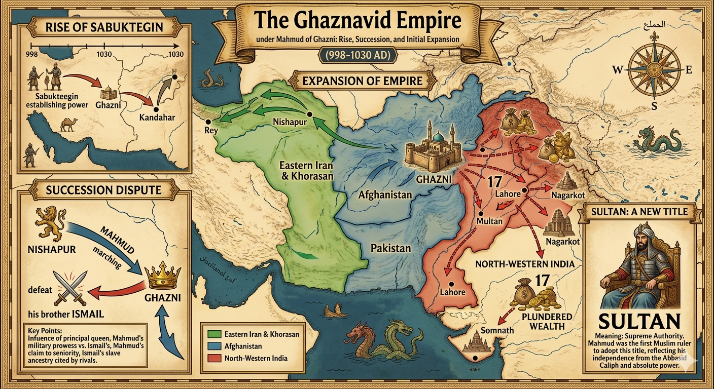 Ghaznavid Empire Expansion Map showing the territorial reach under Mahmud of Ghazni