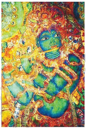 Krishna Playing Flute Kerala Murals with rich golden tones and detailed ornamentation