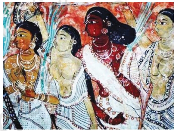 Ladies Attending Parvati Murals Vijayanagara showing courtly attire and profile faces