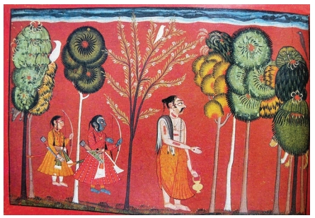Ram and Lakshmana Following Vishwamitra - Pahari miniature painting scene
