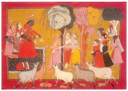 Ram Gives Away His Possessions - Basohli Pahari painting illustration
