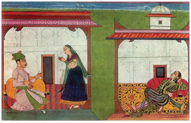 Rasamanjari Bhasoli - A vibrant depiction from the Rasamanjari series in Basohli style