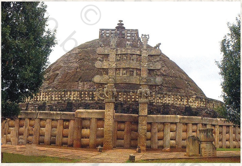 Sanchi Stupa Outer View - Outer structure of the Sanchi Stupa showing early Indian architectural design from the 3rd century BCE.