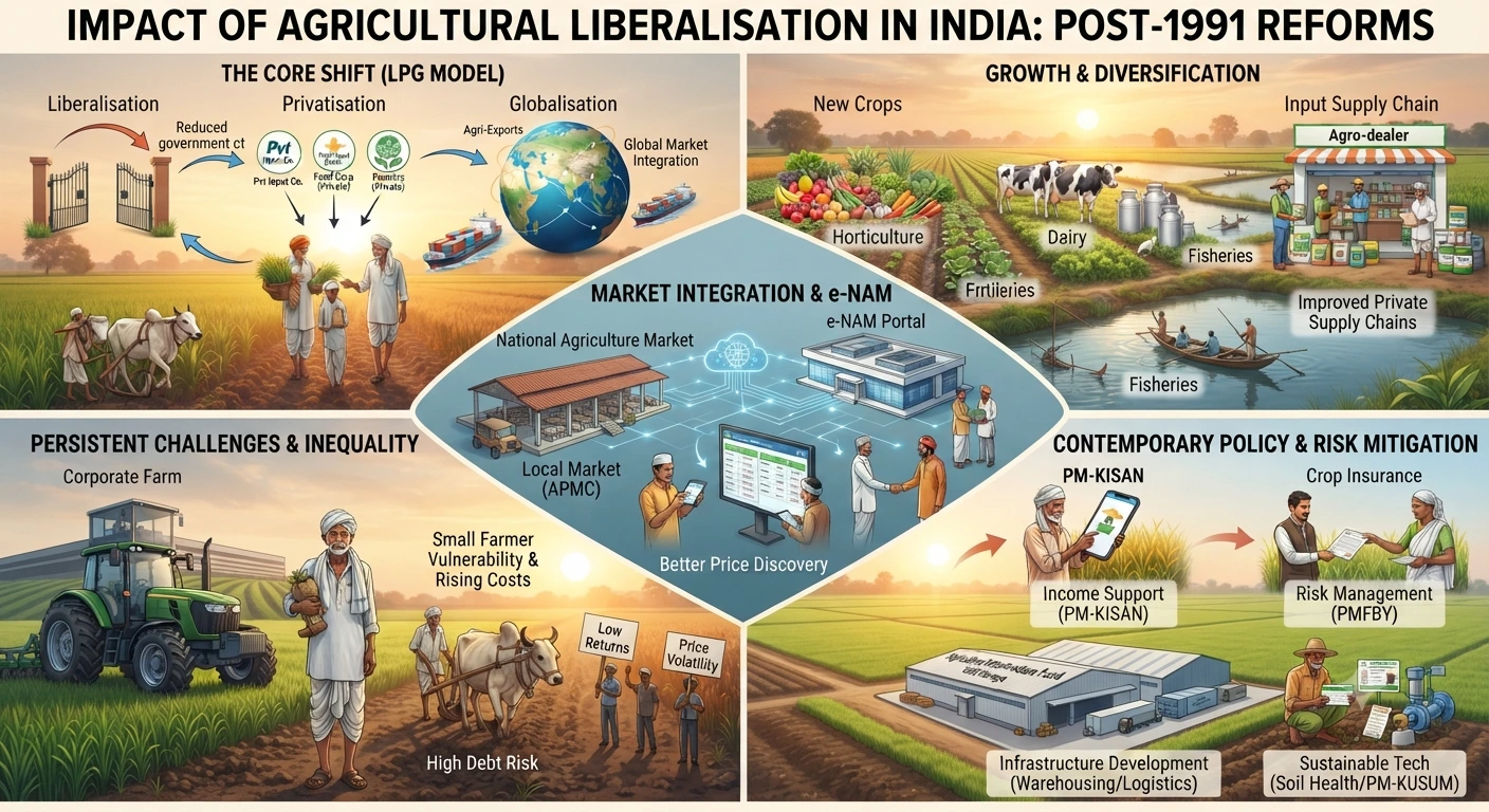 Indian farmers working in agricultural fields representing post-liberalisation economic shifts