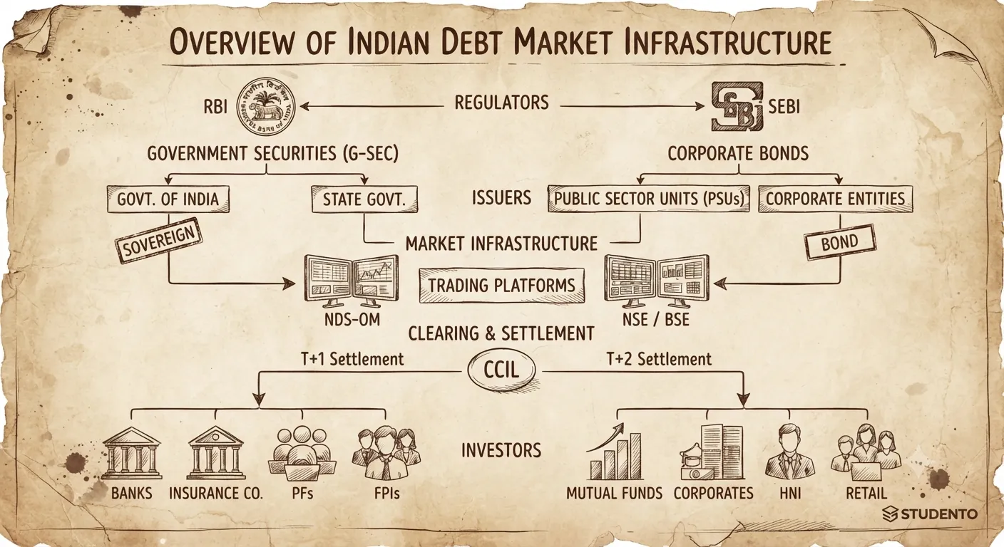Overview of the Indian Debt Market Infrastructure showing G-Sec and Corporate Bonds