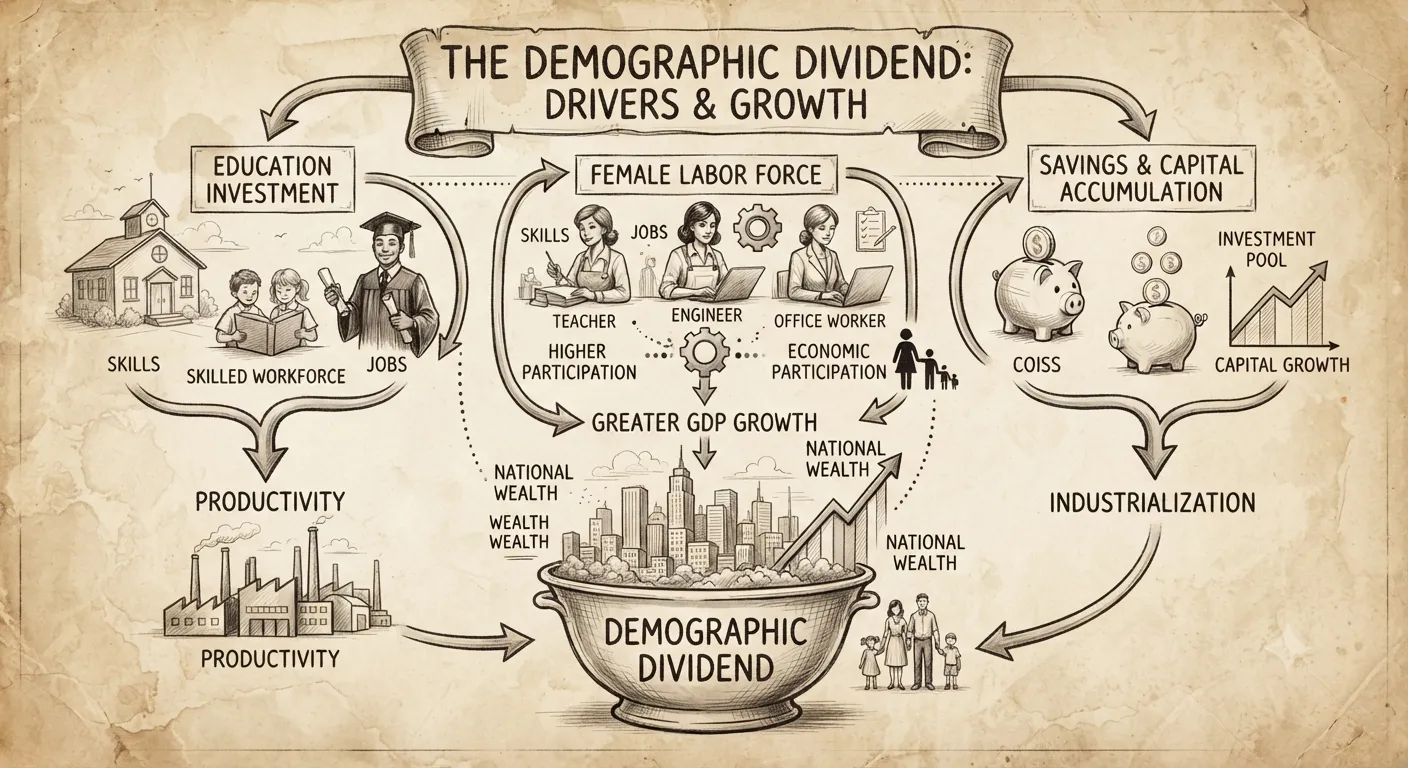 Graphic mapping how savings, female labor force, and education drive the demographic dividend