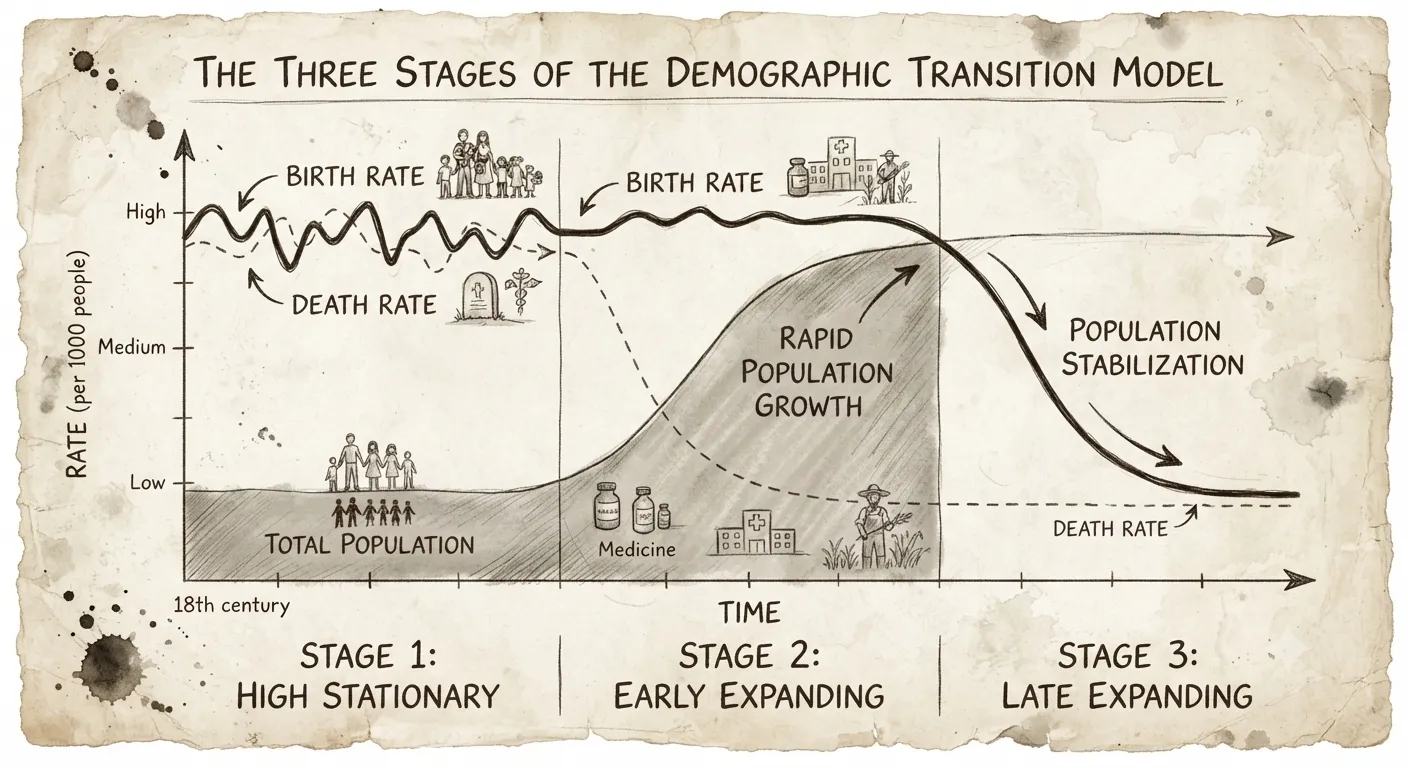 The Three Stages of the Demographic Transition Model showing birth and death rates