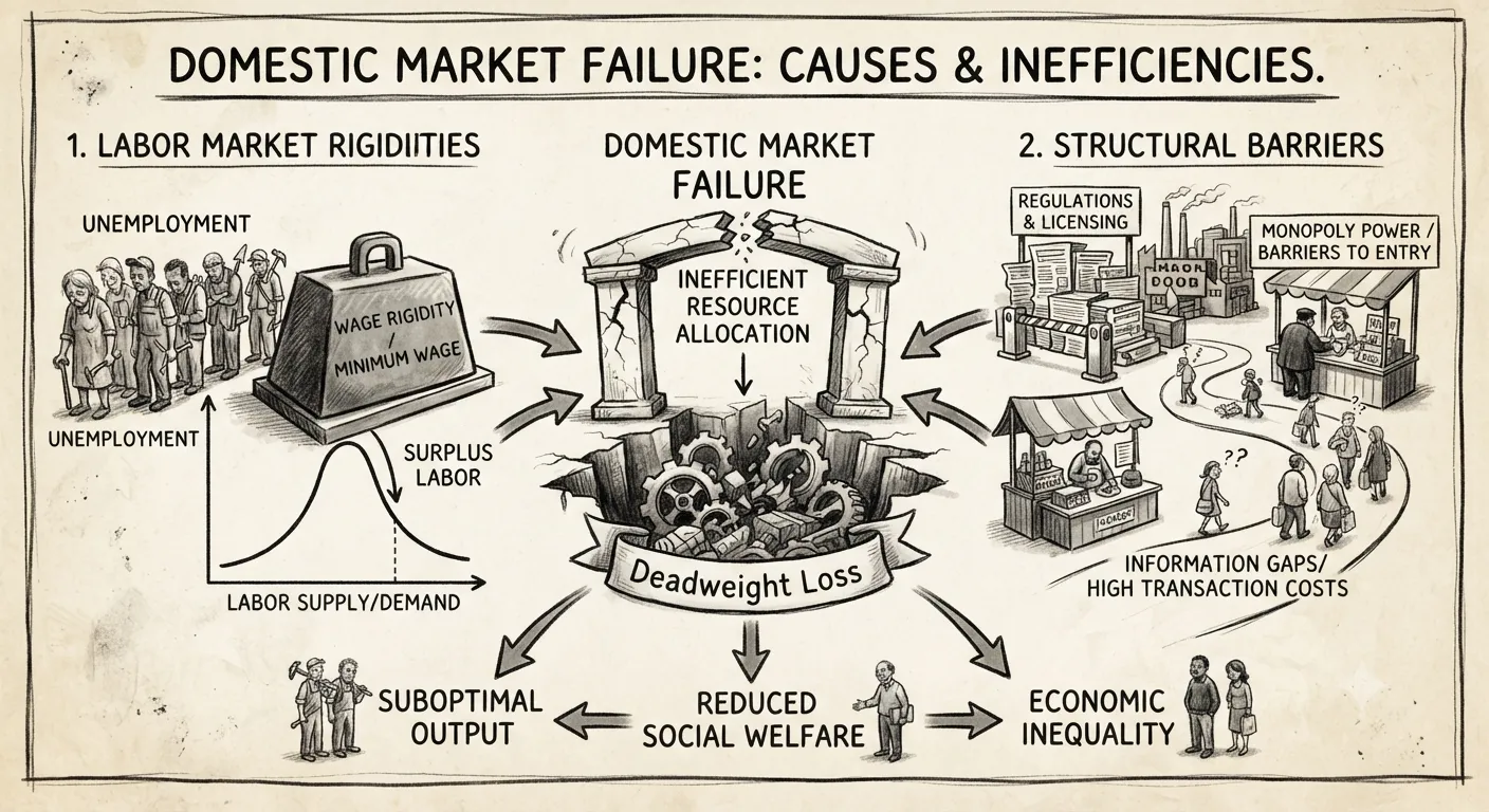 Diagram showing market inefficiencies like unemployment and structural rigidities causing domestic market failure