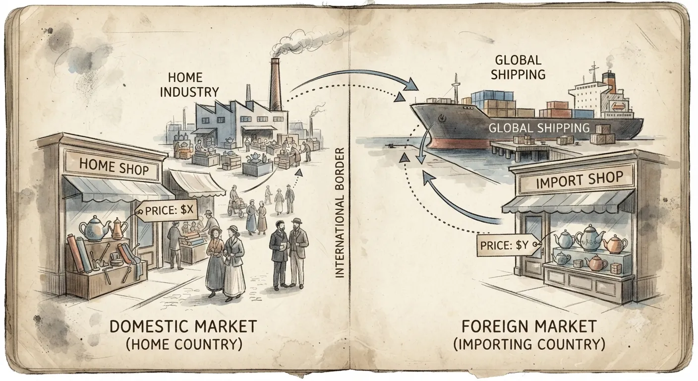 Visual representation of international trade dumping and pricing differences across borders