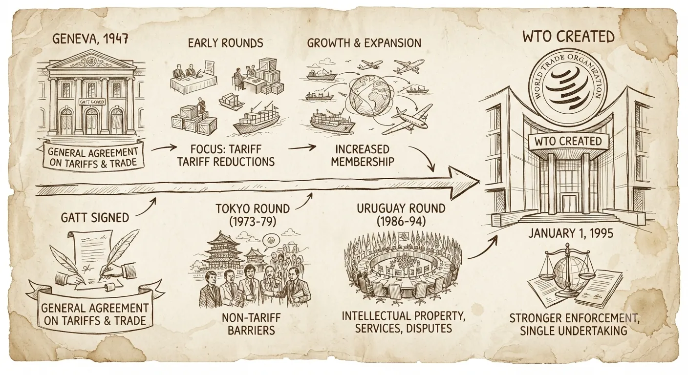 Timeline showing the evolution of global trade from GATT 1947 to the creation of the WTO in 1995