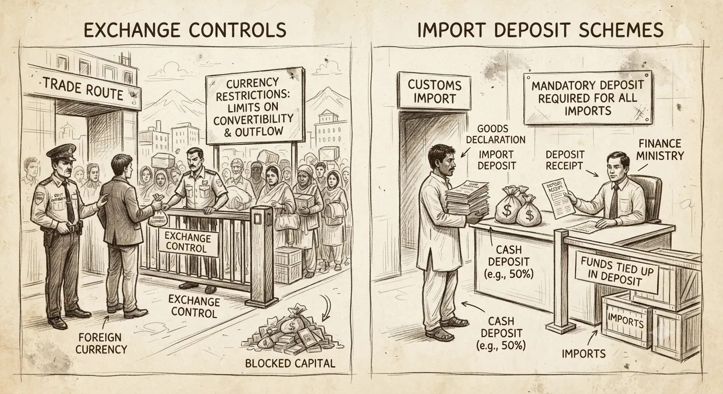 Illustrating financial trade barriers like exchange controls and deposit schemes