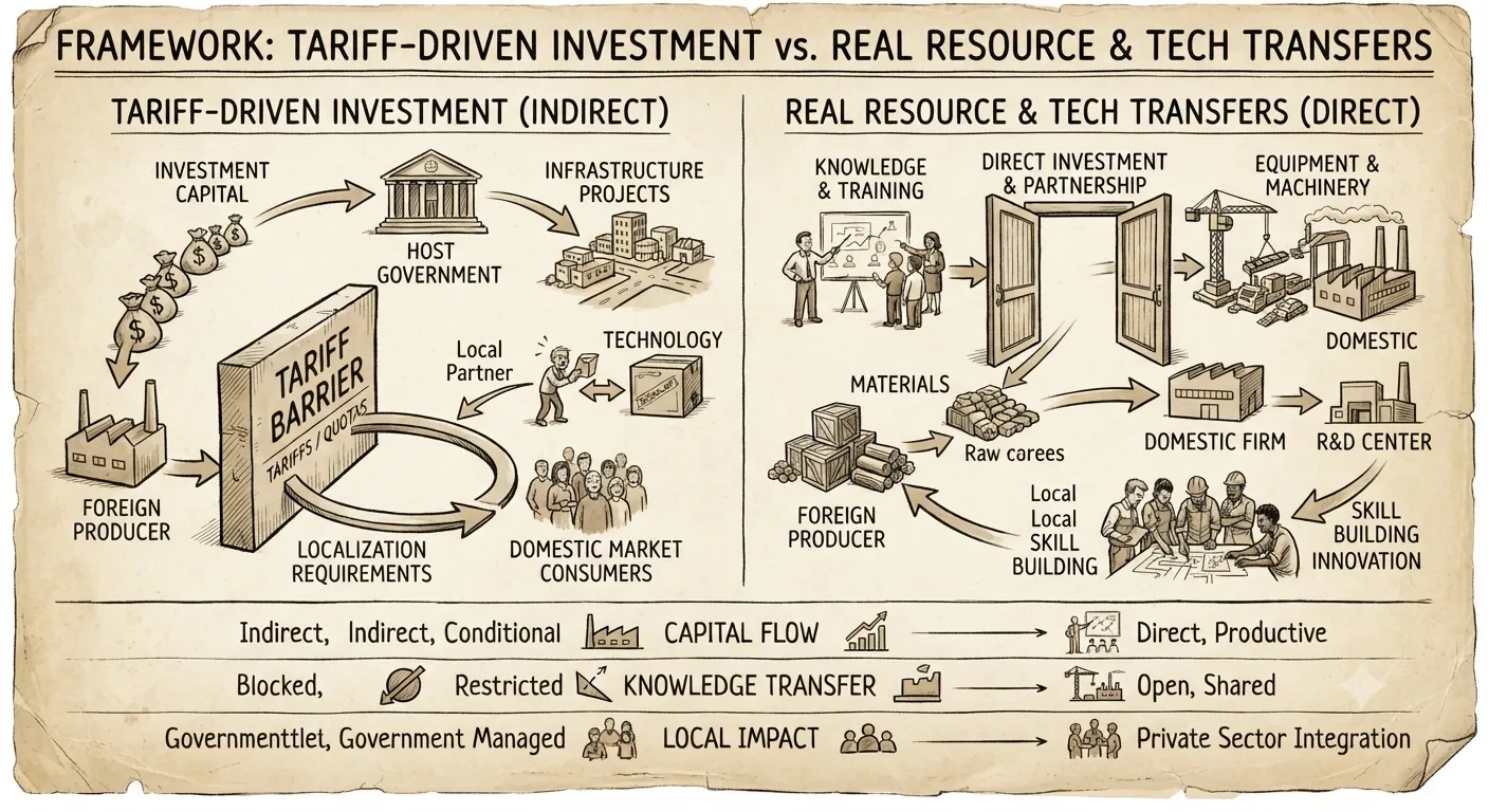 Framework comparing tariff-driven investment against real resource and technology transfers