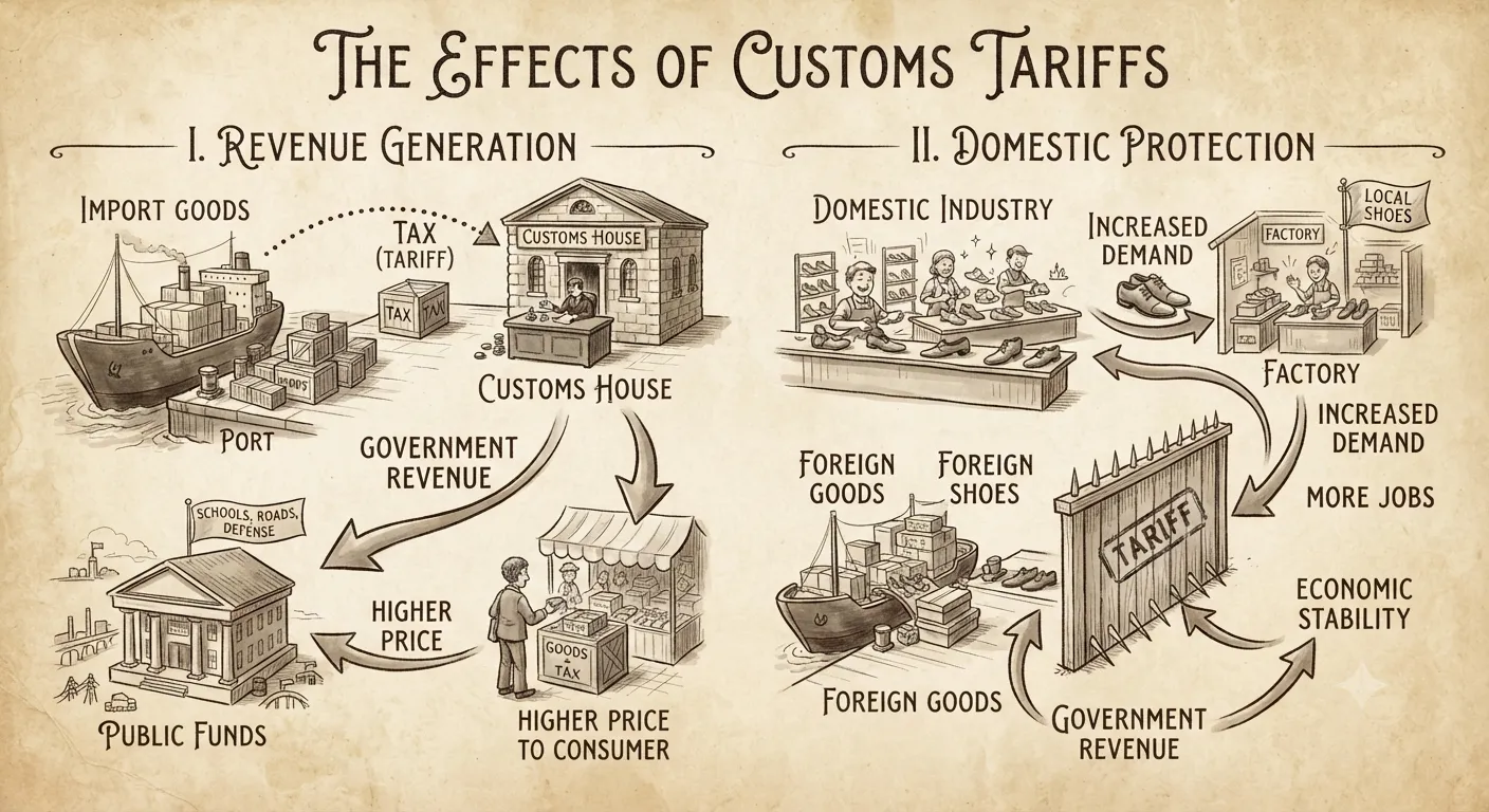 Graphic showing how customs tariffs create government revenue and protect domestic industries