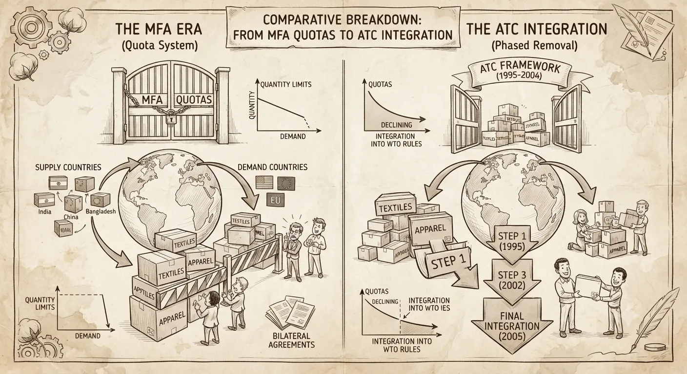 Comparative breakdown of the transition from MFA quotas to the ATC integration framework