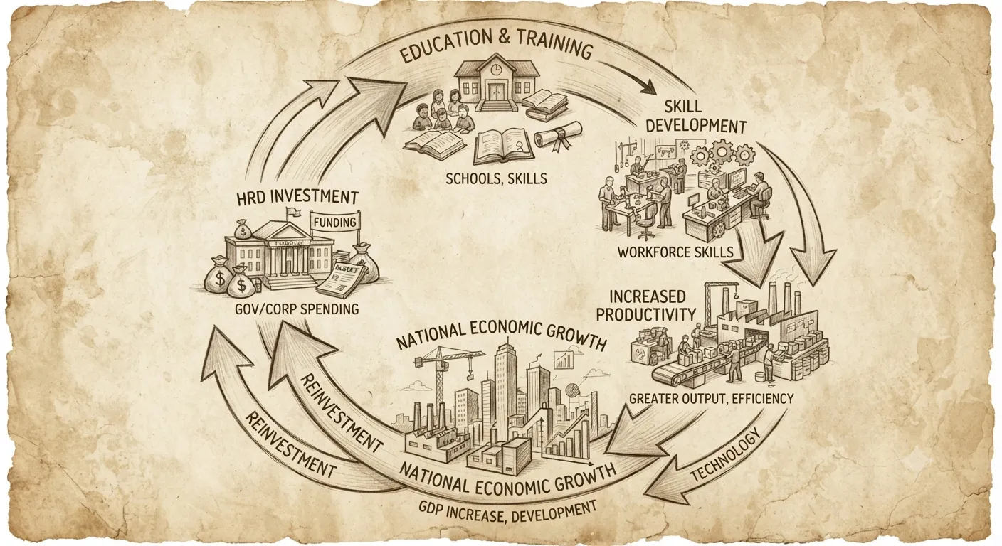 Conceptual model highlighting the circular relationship between human resource development investments and national economic productivity