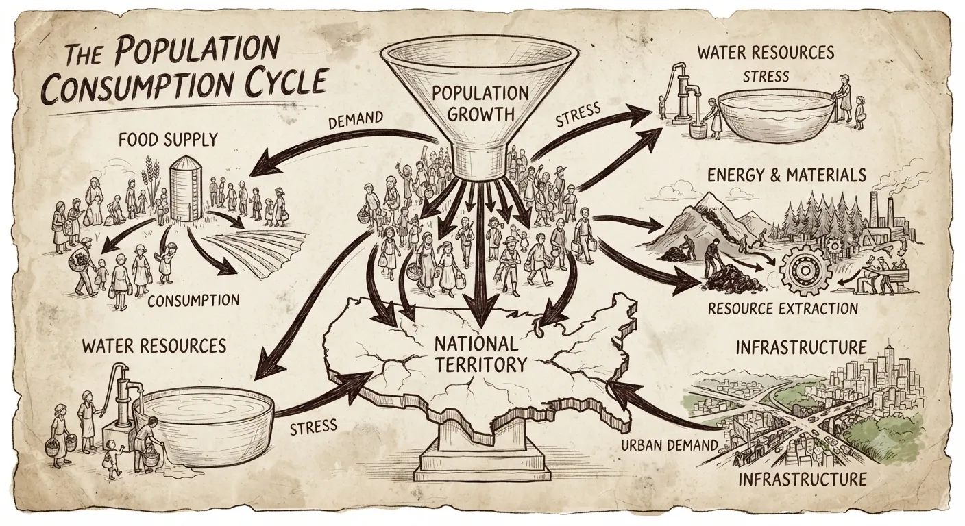 Conceptual breakdown of population acting as units of consumption stressing national resources