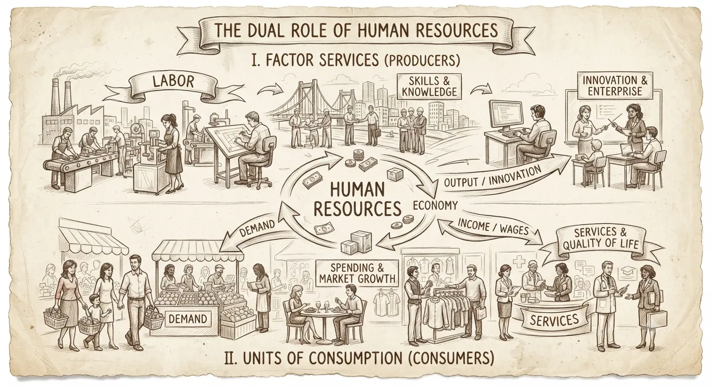 The dual role of human resources as factor services and units of consumption in economic development