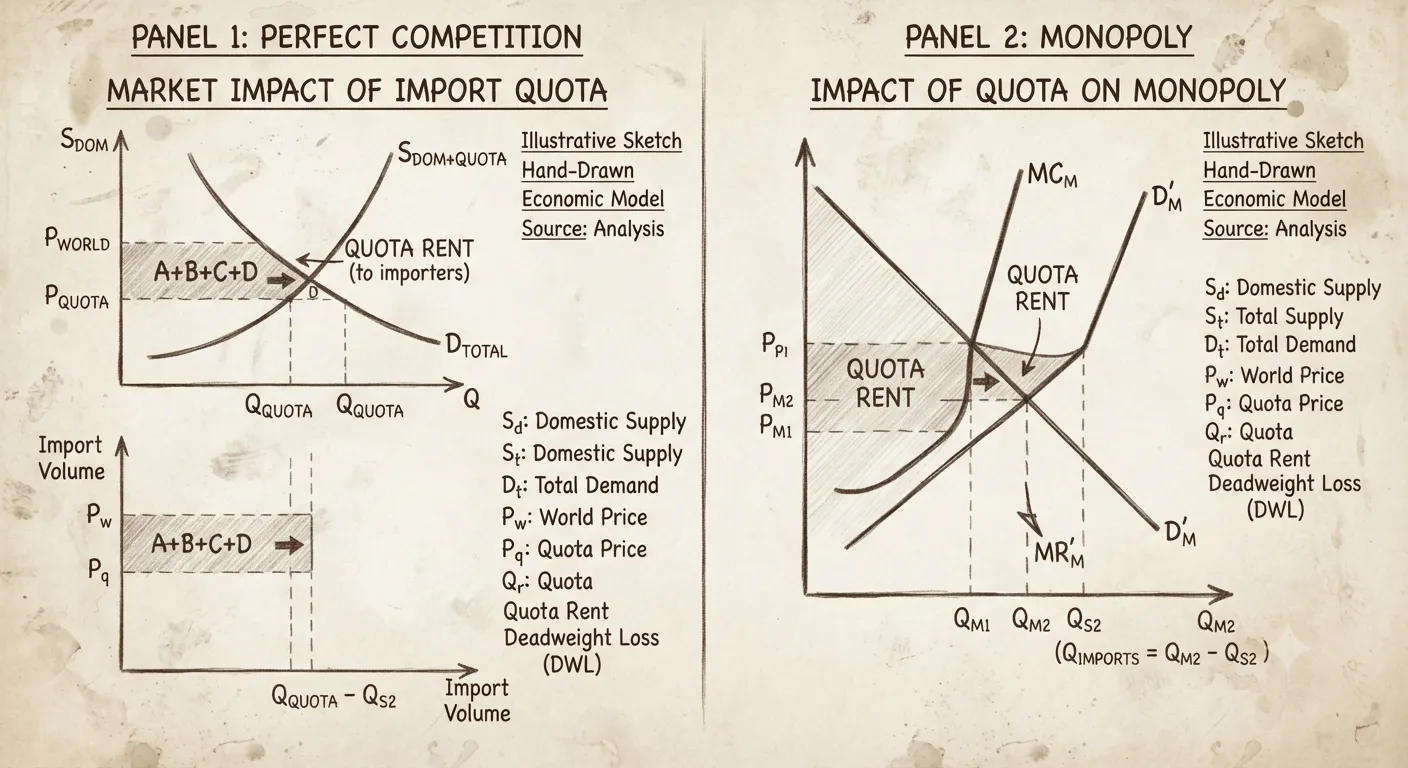 Graphical impact of import quotas under perfect competition vs monopoly conditions