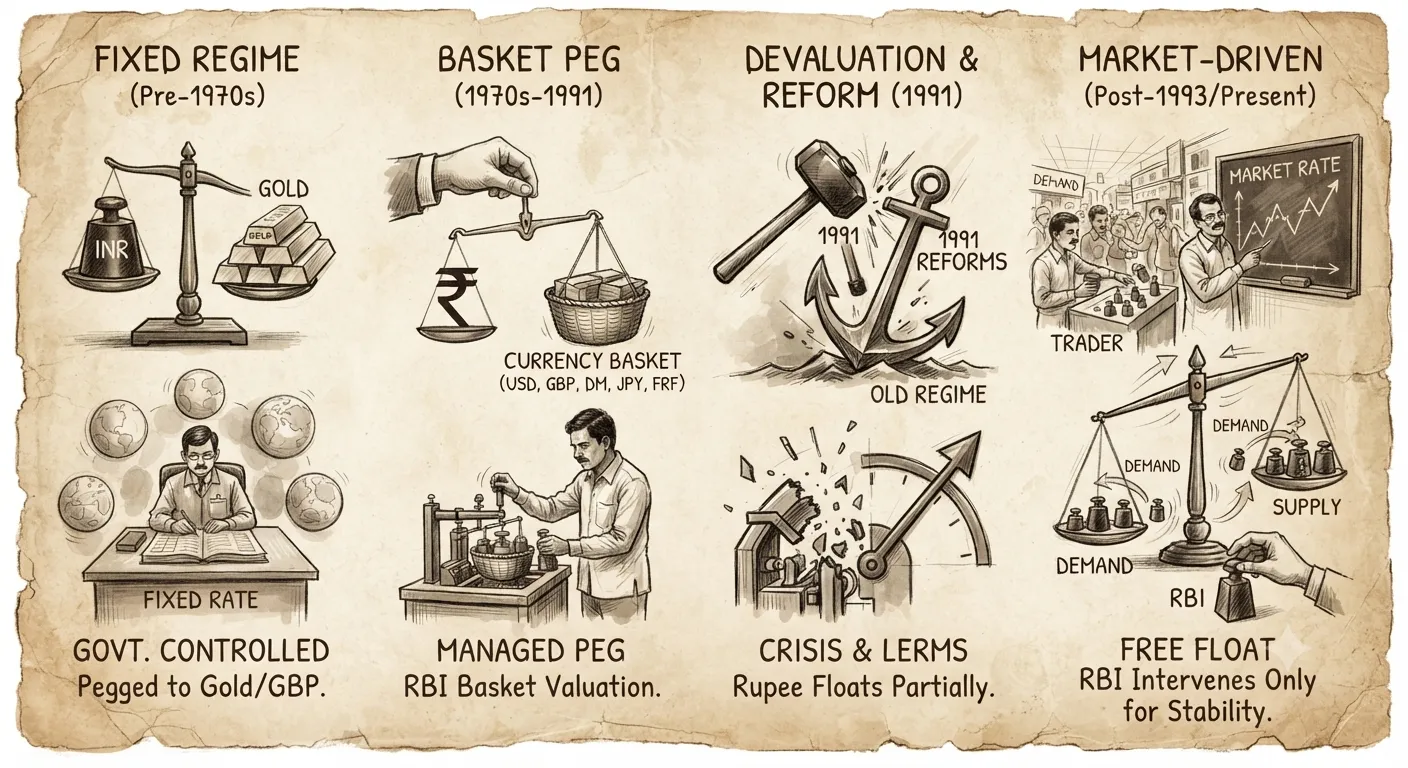 Evolution of the Indian exchange rate system from fixed to market-driven regimes