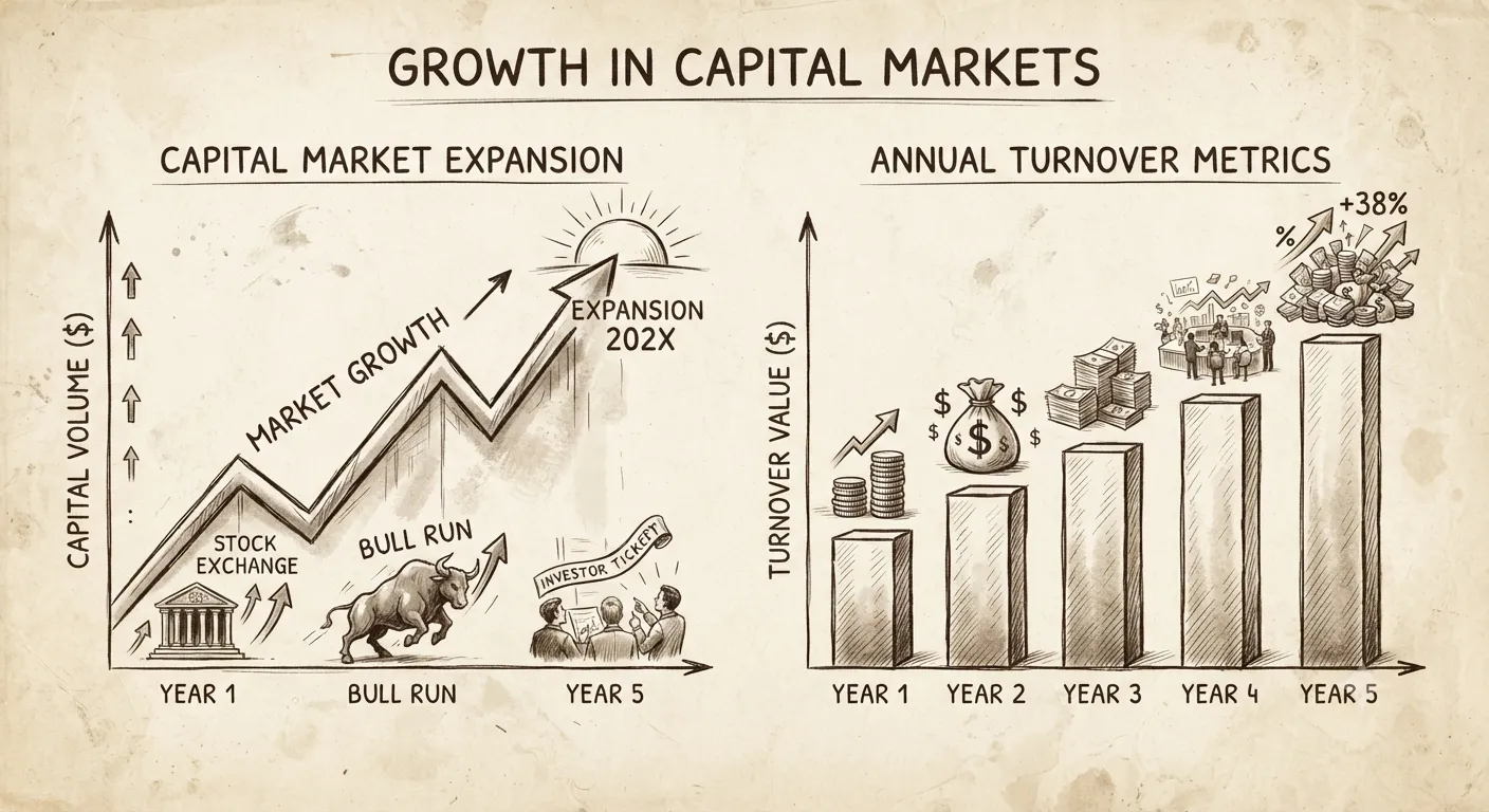 Data presentation representing growth in capital markets and annual turnover metrics