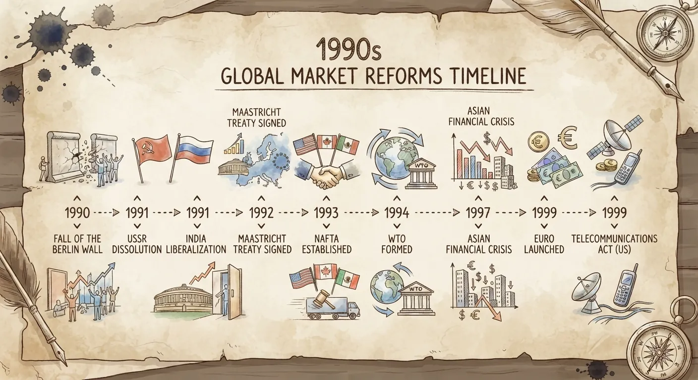Timeline concept illustrating the regulatory changes and historical events of the 1990s market reforms