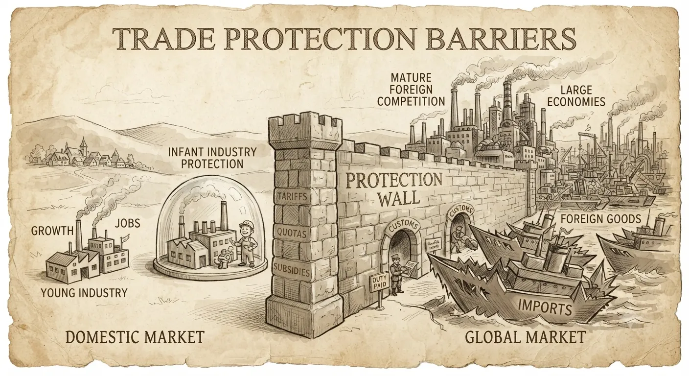 Graphic illustrating trade protection barriers shielding a young domestic factory from mature foreign competition