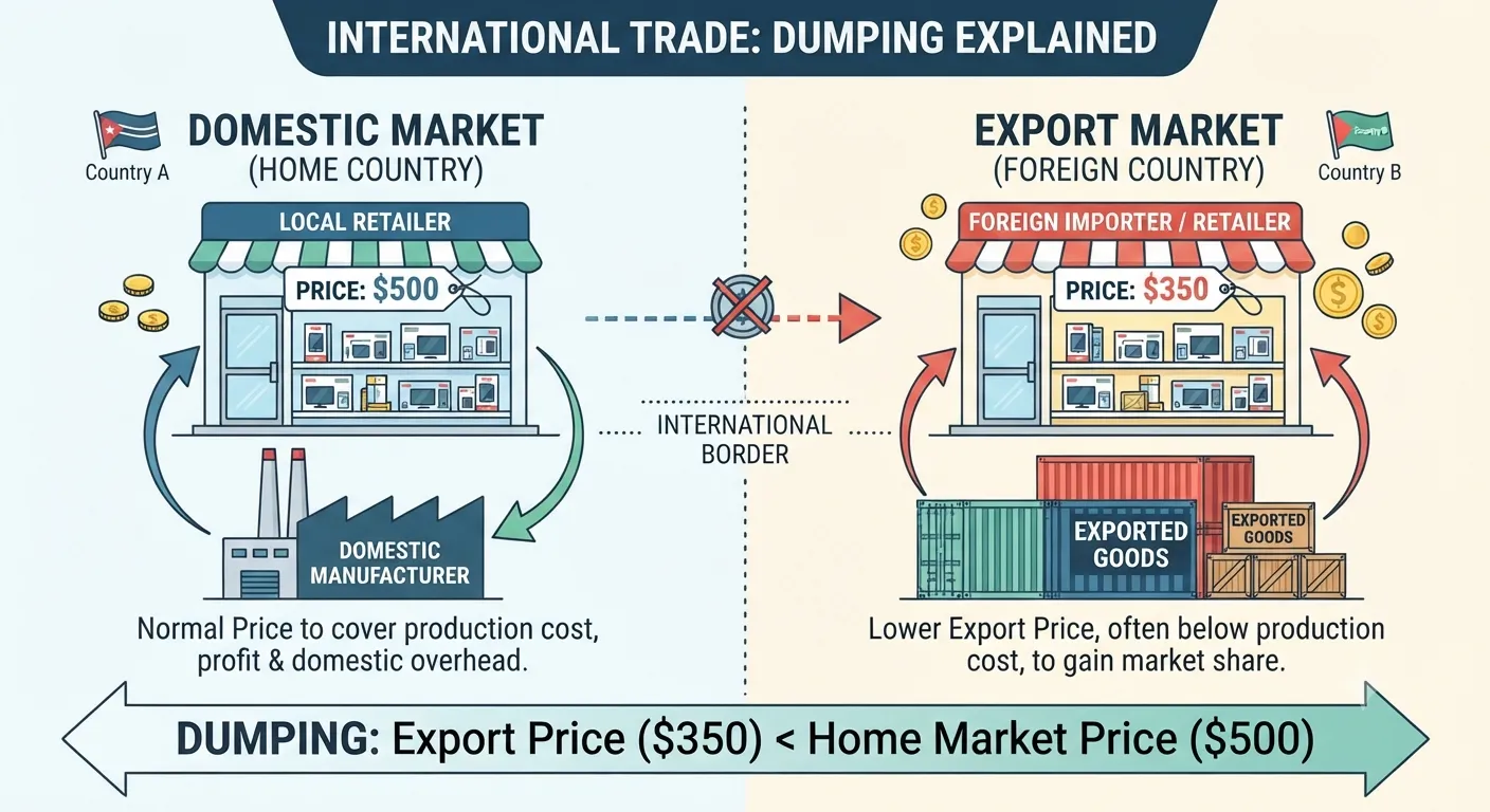 Visual representation of international trade dumping where export price is lower than home market price