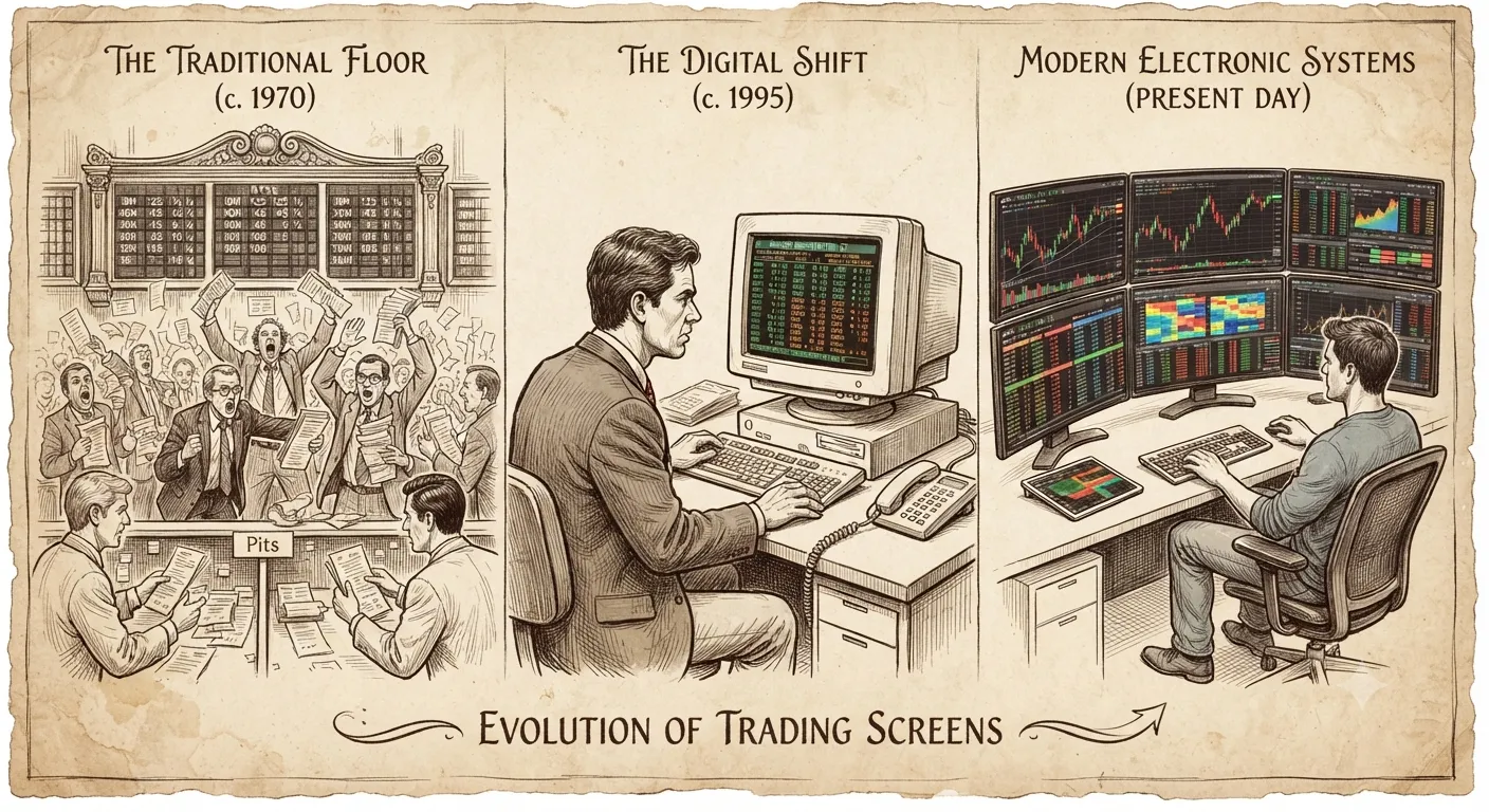 The evolution of trading screens from traditional floors to digital stock systems