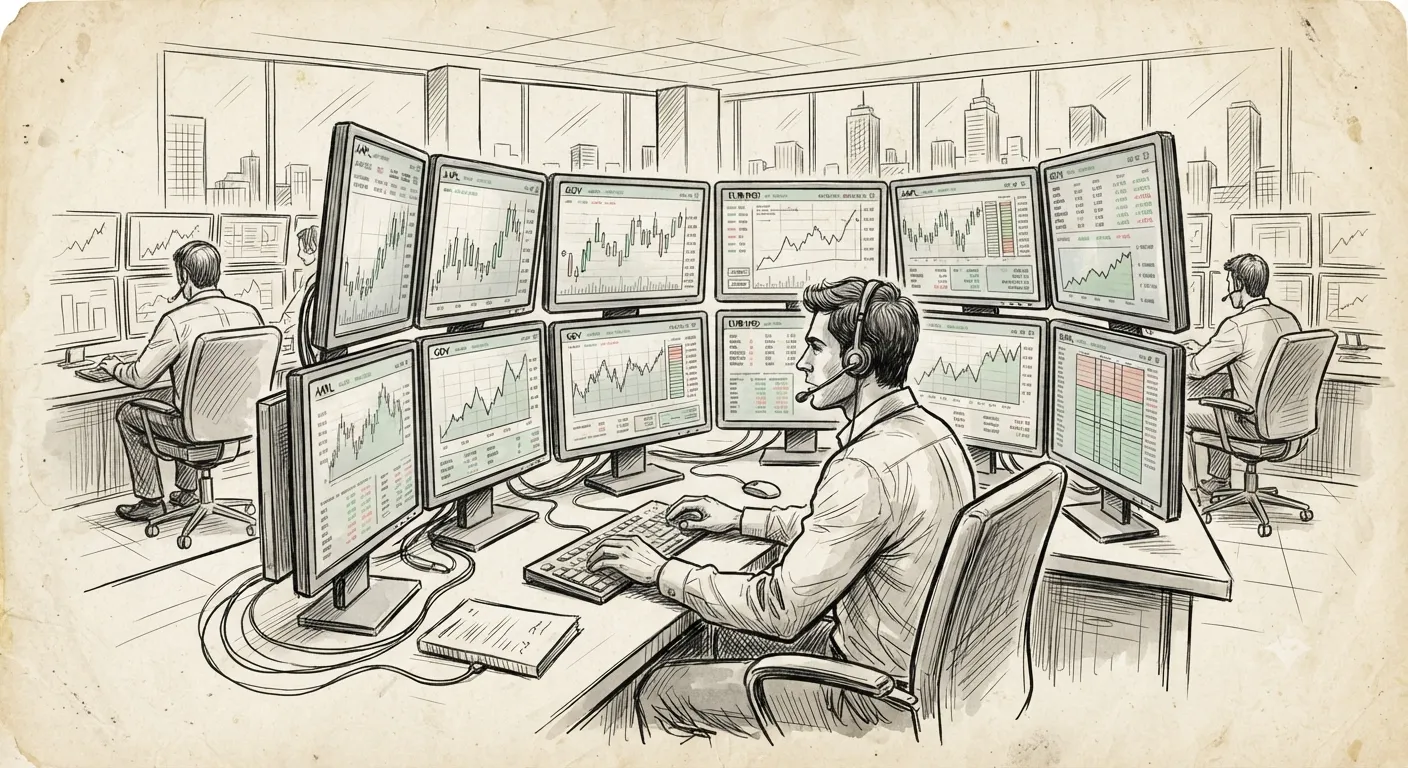Modern computer monitors illustrating electronic terminal screen based trading system