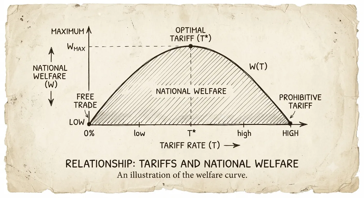 Graph showing relationship between tariff rates and national welfare levels