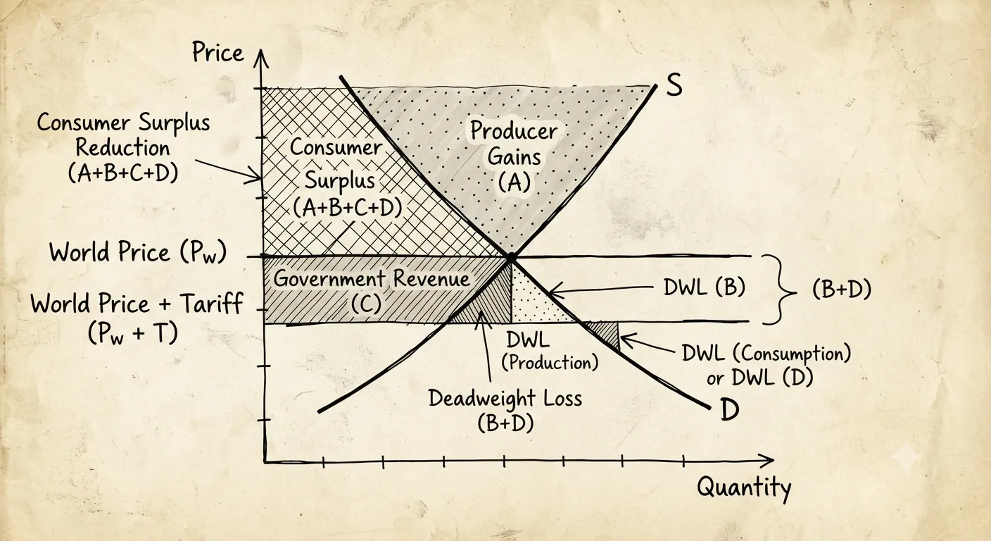 Supply and demand diagram highlighting deadweight loss, producer gains, and consumer surplus reductions under a tariff
