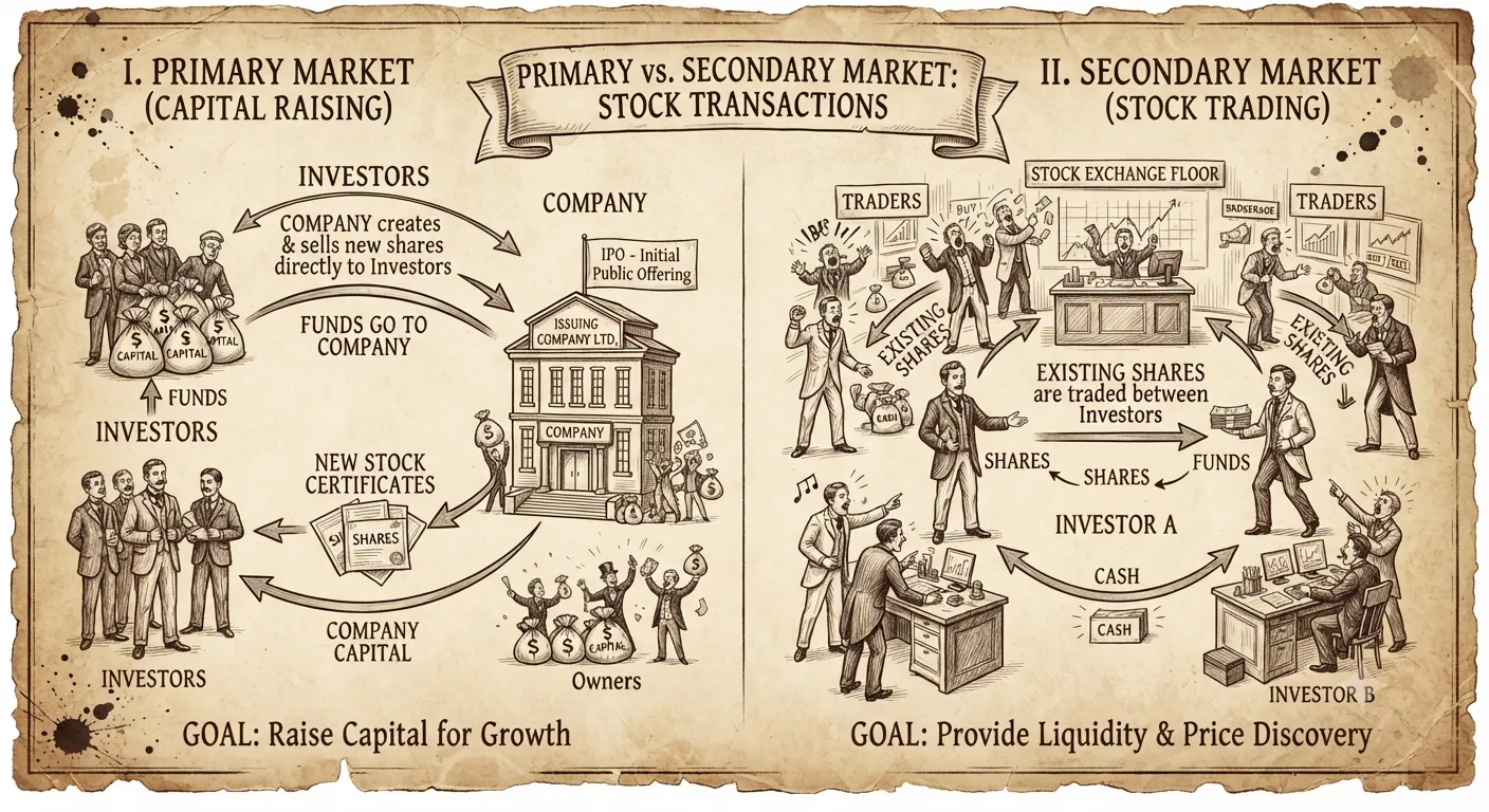 Diagram showing the difference between primary capital raising and secondary market stock trading