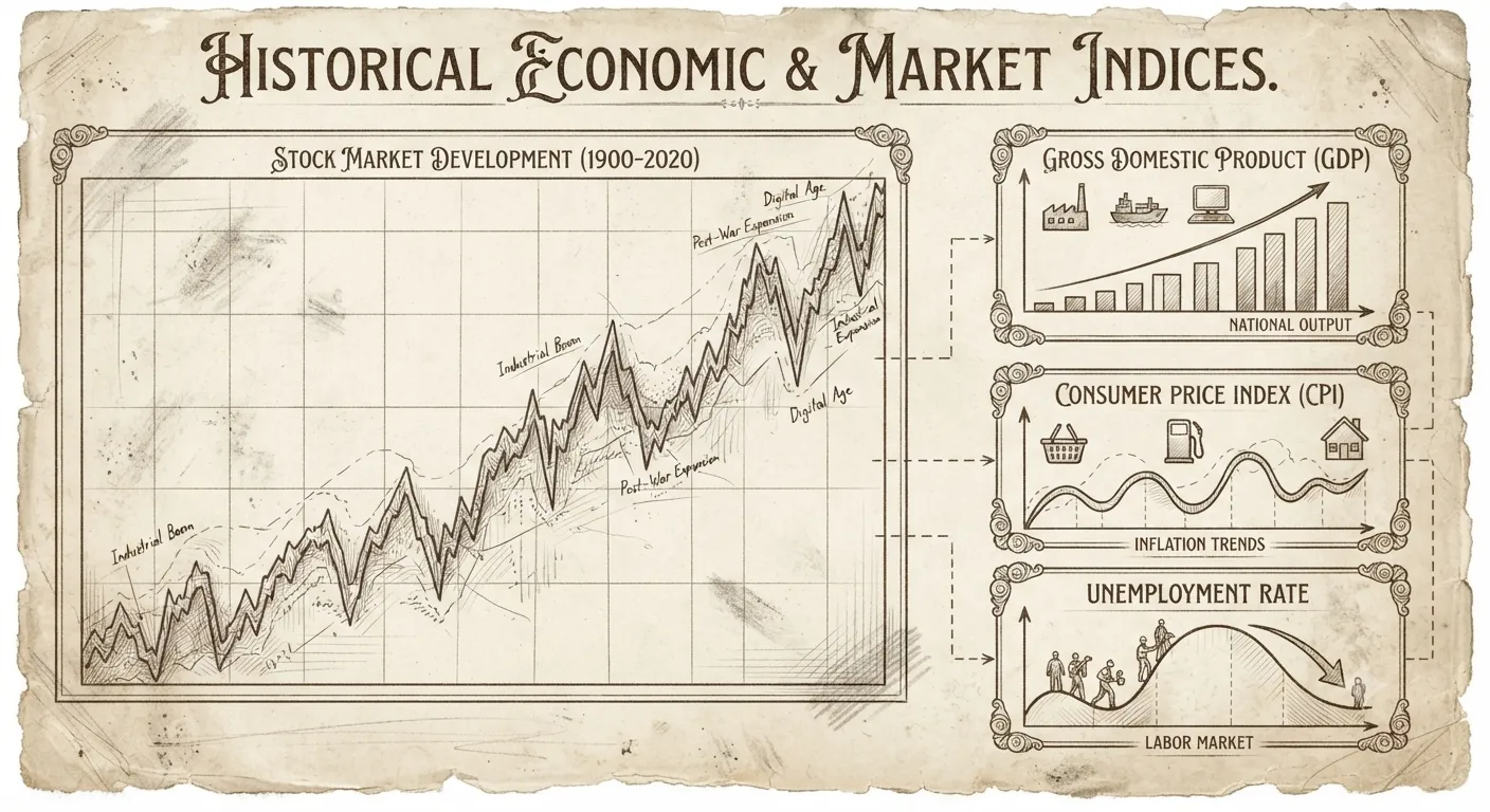 Conceptual overview of historical stock market development indicators and economic indices