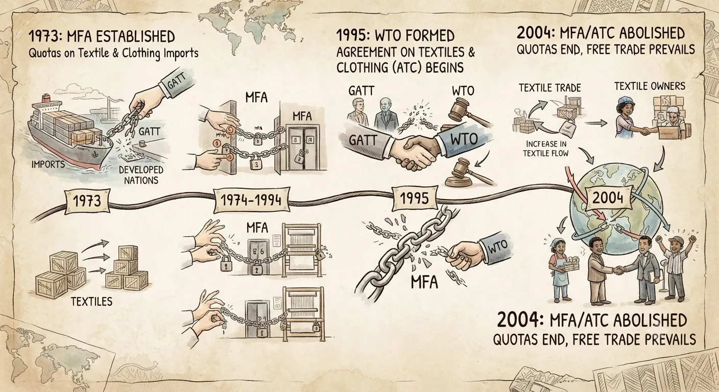 Historical timeline and impact of textile protectionism under GATT and WTO from 1973 to 2004