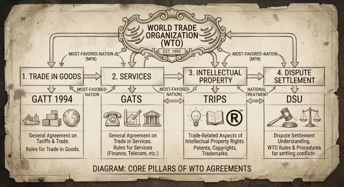 Diagram organizing the core pillars of WTO agreements including GATT 1994, GATS, TRIPS, and DSU